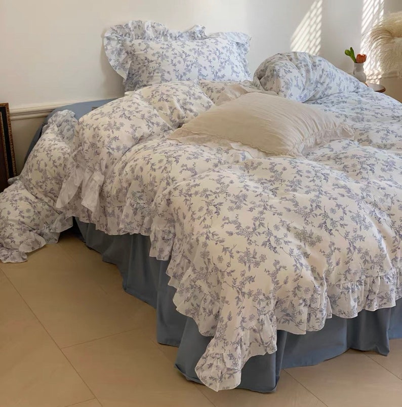 Blue Floral Duvet Cover Set Fresh Flower Boho Bedding Set Etsy