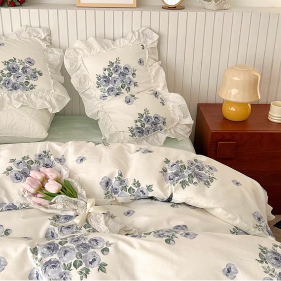 Floral Blue Cotton Duvet Cover Set Fresh Floral Bedding Set Boho