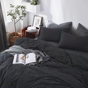 Black Duvet Cover Set Stripes Bedding Set | Minimalist Duvet Cover Set | Twin Full Queen King Duvet Cover Cute Men Teens Bedding