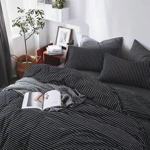 Black Duvet Cover Set Stripes Bedding Set Minimalist Duvet Cover