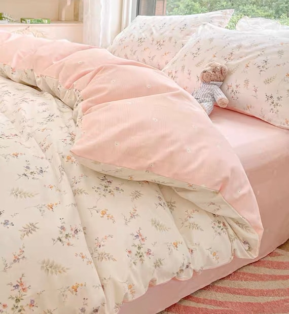 Pink Floral Duvet Cover Set Ruffle, French Bedding, Aesthetic