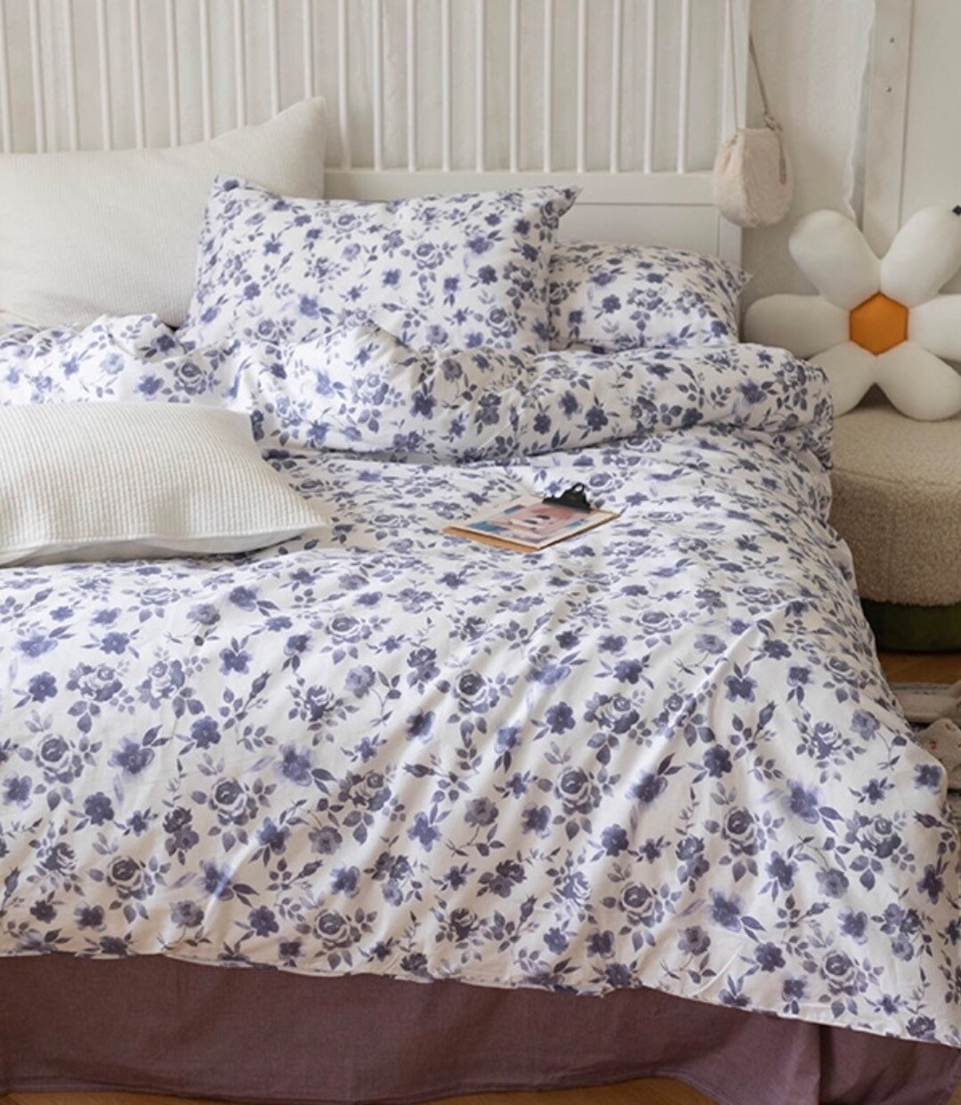 Purple Floral Duvet Cover Set Cotton Bedding Set Princess Dorm Bedsheets, Cute Duvet Cover Set