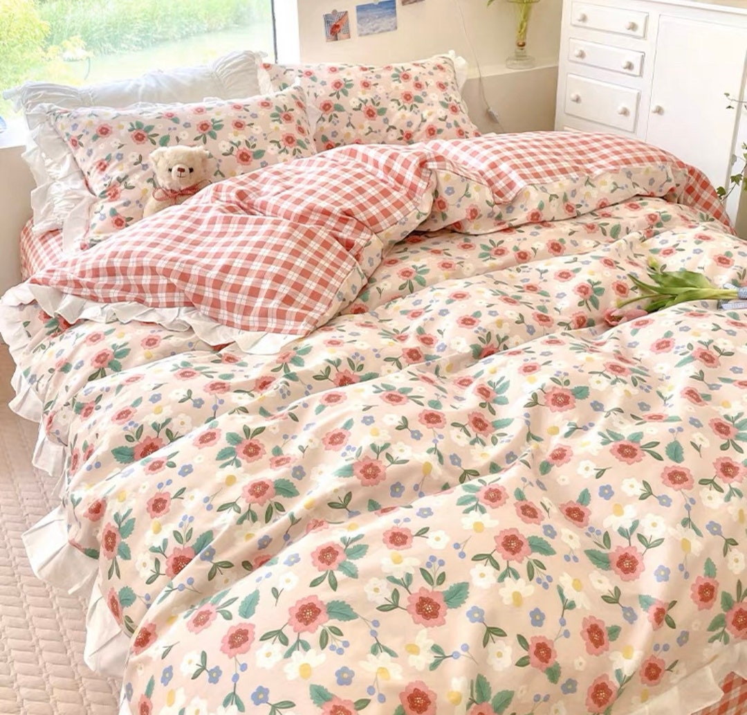 Pink Floral Duvet Cover Set Ruffles Girl Gentle Bedding Etsy
