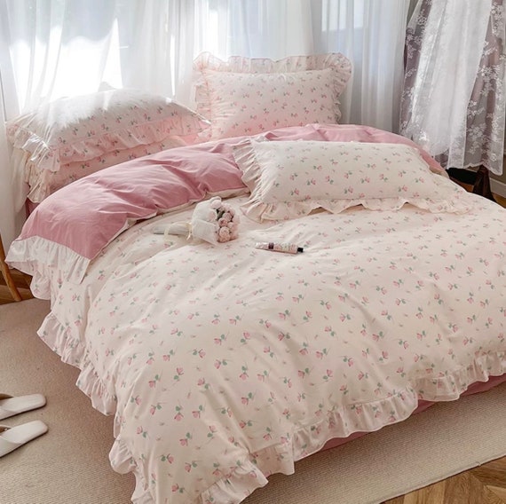 Pink Floral Duvet Cover Set Ruffle, French Bedding, Aesthetic