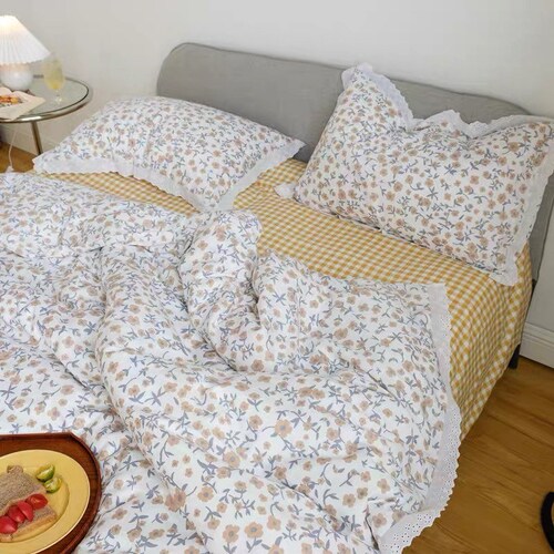 Blue Cotton Duvet Cover Set Fresh Floral Bedding Set Ruffles Etsy