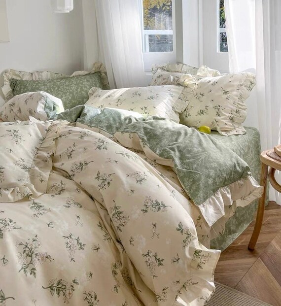 Floral Greencotton Duvet Cover Set Fresh Floral Bedding Set Etsy