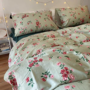 Rose Floral Cotton Duvet Cover Set | Fresh Floral Bedding Set | Green Cute Duvet Cover Set | Twin Full Queen King Cute Bedding