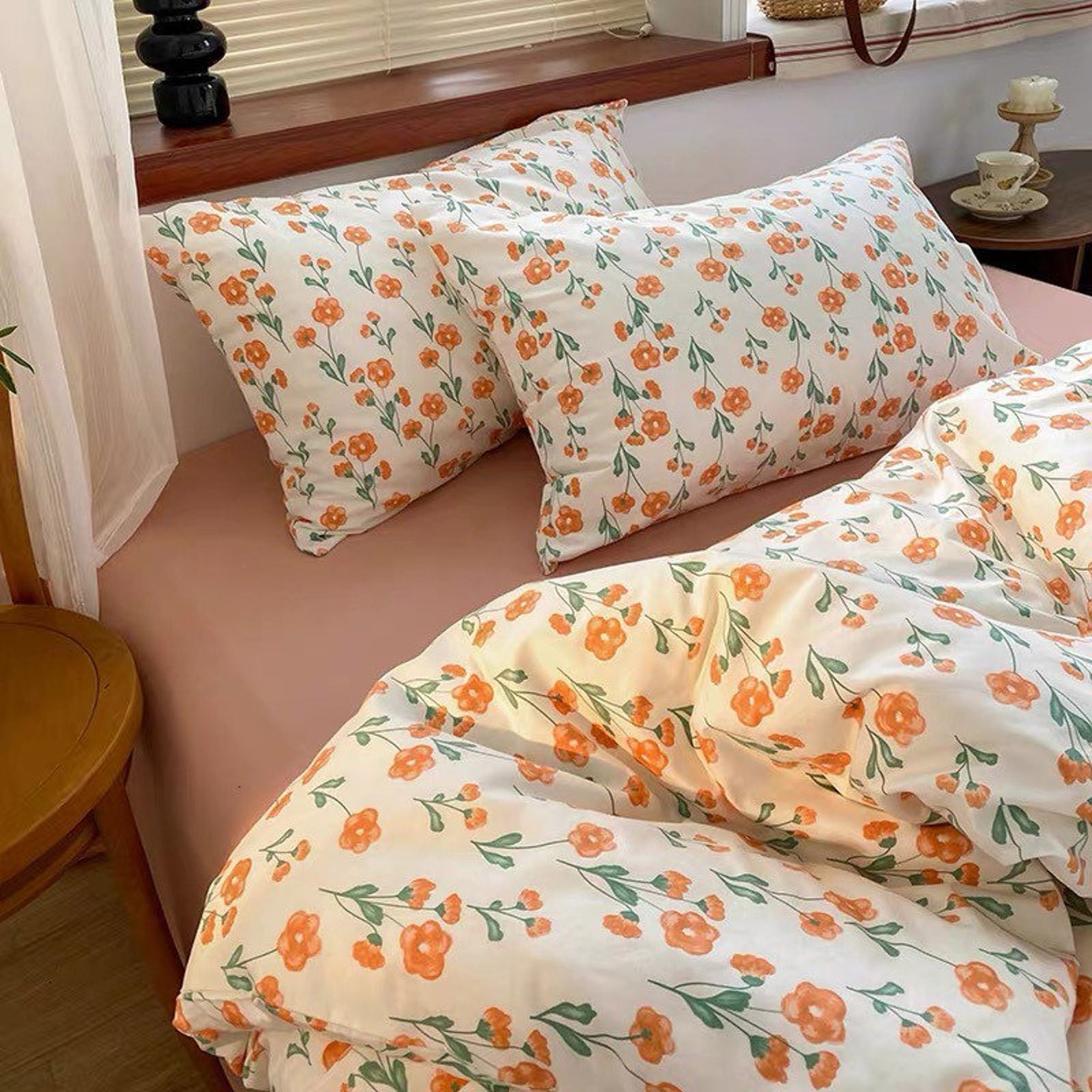 Orange Floral Duvet Cover Set Minimalist Bedding Set Cute Etsy