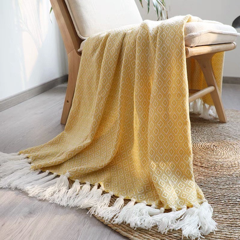 Yellow Knitted Throw With Long White Tassel Woven Knitting Etsy