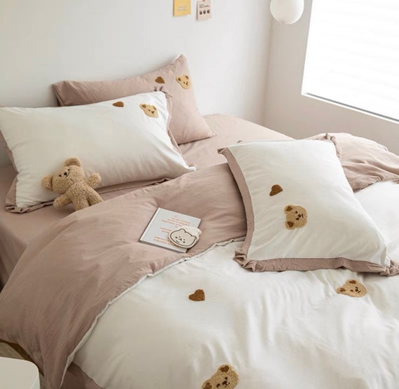 White Teddy Duvet Cover Set Cotton Duvet Cover Cute Dorm