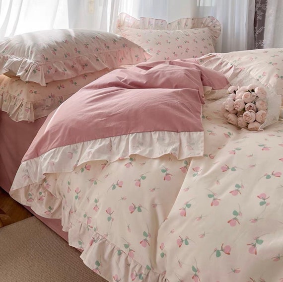 Pink Floral Ruffled Duvet Cover Set, Cotton Bedding Sets