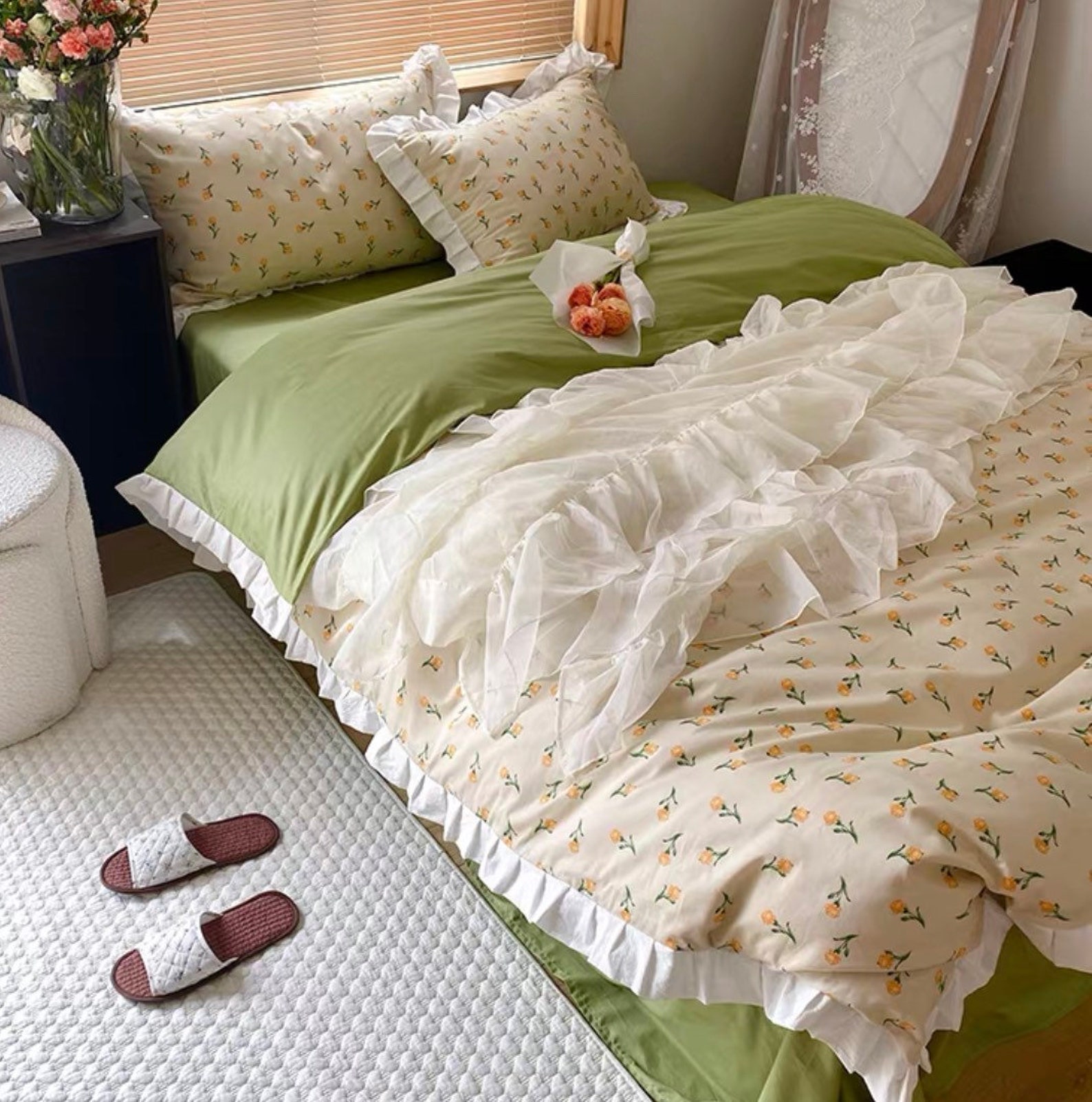 Green Floral Duvet Cover Set Fresh Flower Boho Bedding Set Etsy