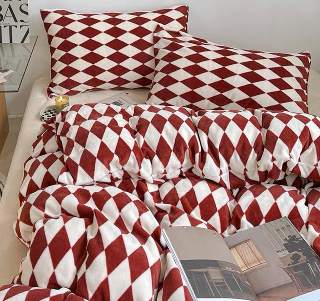 Red Velvet Duvet Cover Set Plaid Checkers Bedding Set Minimalist Cute