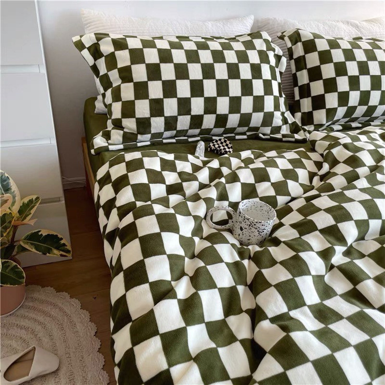 Green Velvet Duvet Cover Set Plaid Checkers Bedding Set Etsy