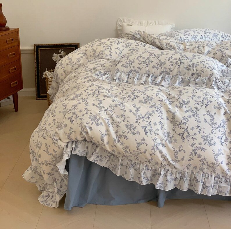 Blue Floral Duvet Cover Set Fresh Flower Boho Bedding Set Etsy