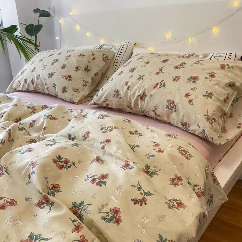 Beige Floral Duvet Cover Set Fresh Botanical Bedding Set Etsy