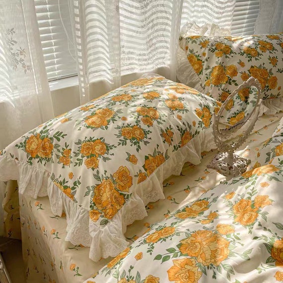 Green Duvet Cover Set, Floral Bedding Ruffle, Full Queen Bed Set