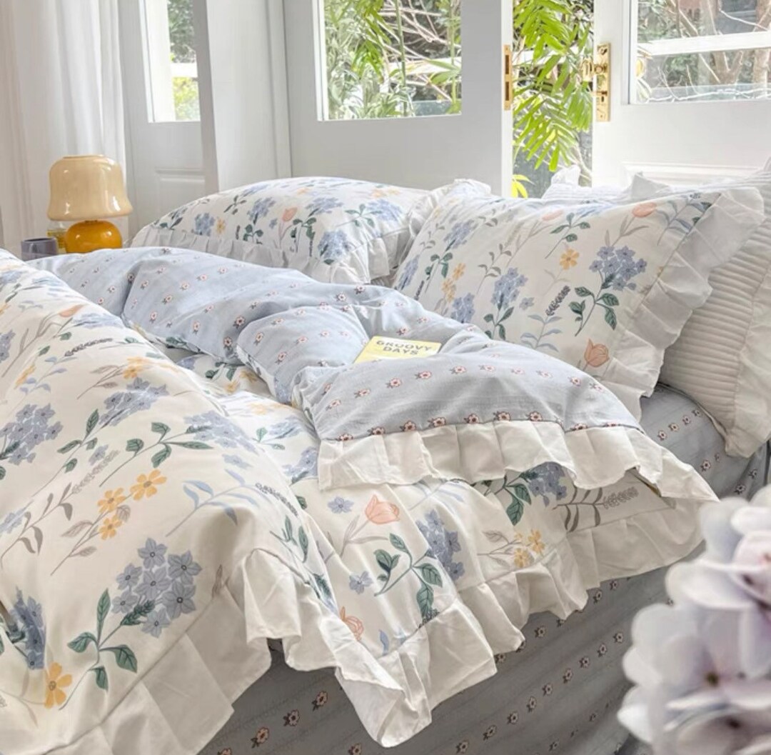 Powder Blue Ruffle Sheets Blue Floral Duvet Cover Set Ruffles Boho Bedding Set Aesthetic Cute ...
