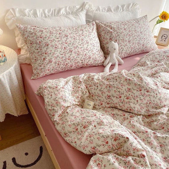 4 PC Floral White Pink Cotton Duvet Set, Cute Duvet Cover Set, Floral  Bedding, Aesthetic Bedding, Twin Full Queen King Duvet Cover, Gift 