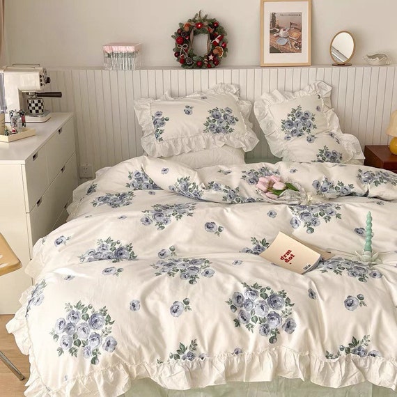 Blue Floral Duvet Cover Set Cottagecore Bedding Set Baby Toddler