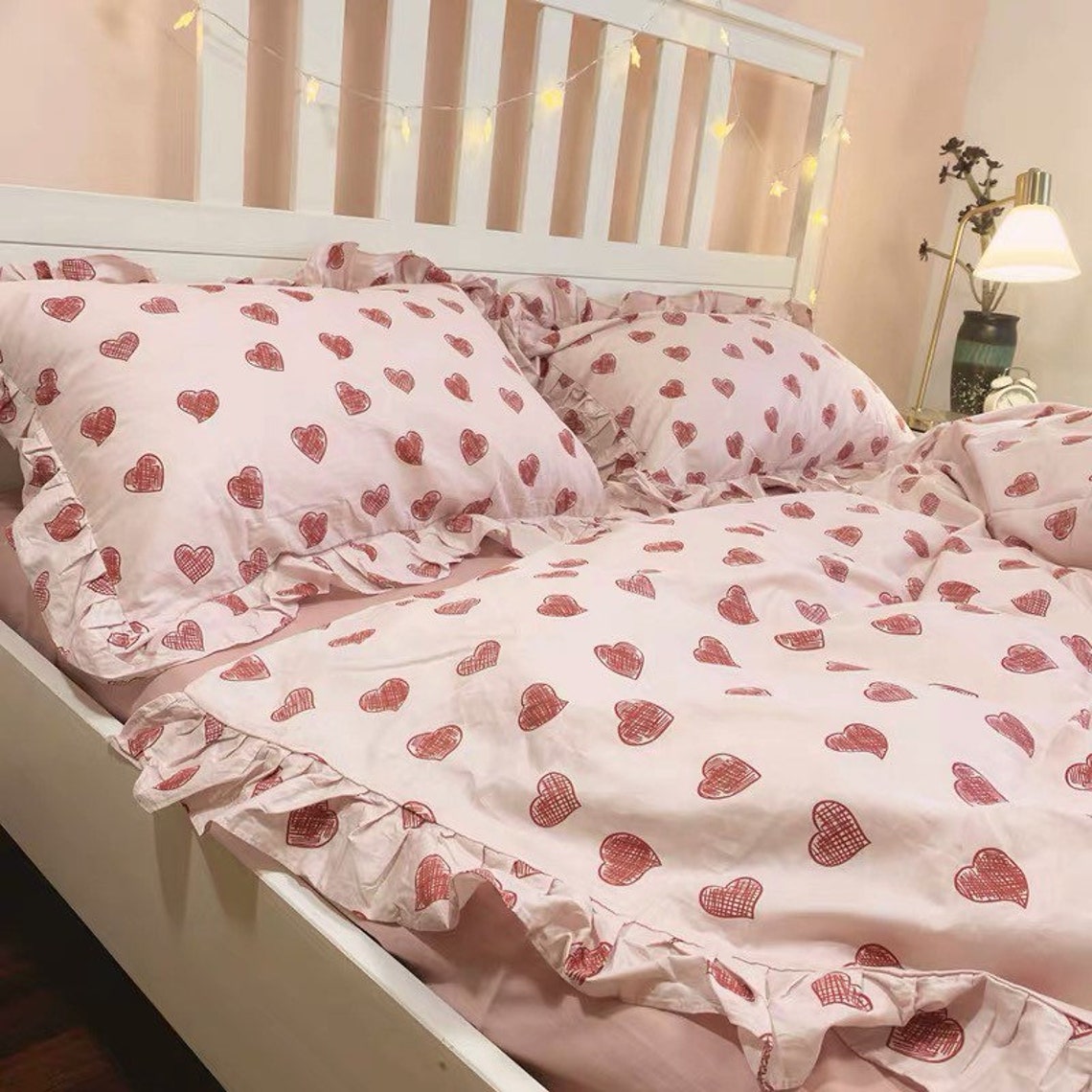 Love Hearts Cotton Bedding Set Cotton Duvet Cover Set Etsy