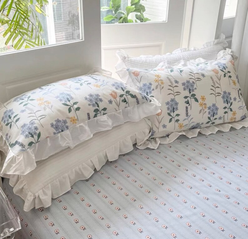 Blue Floral Duvet Cover Set Ruffles Boho Bedding Set Etsy