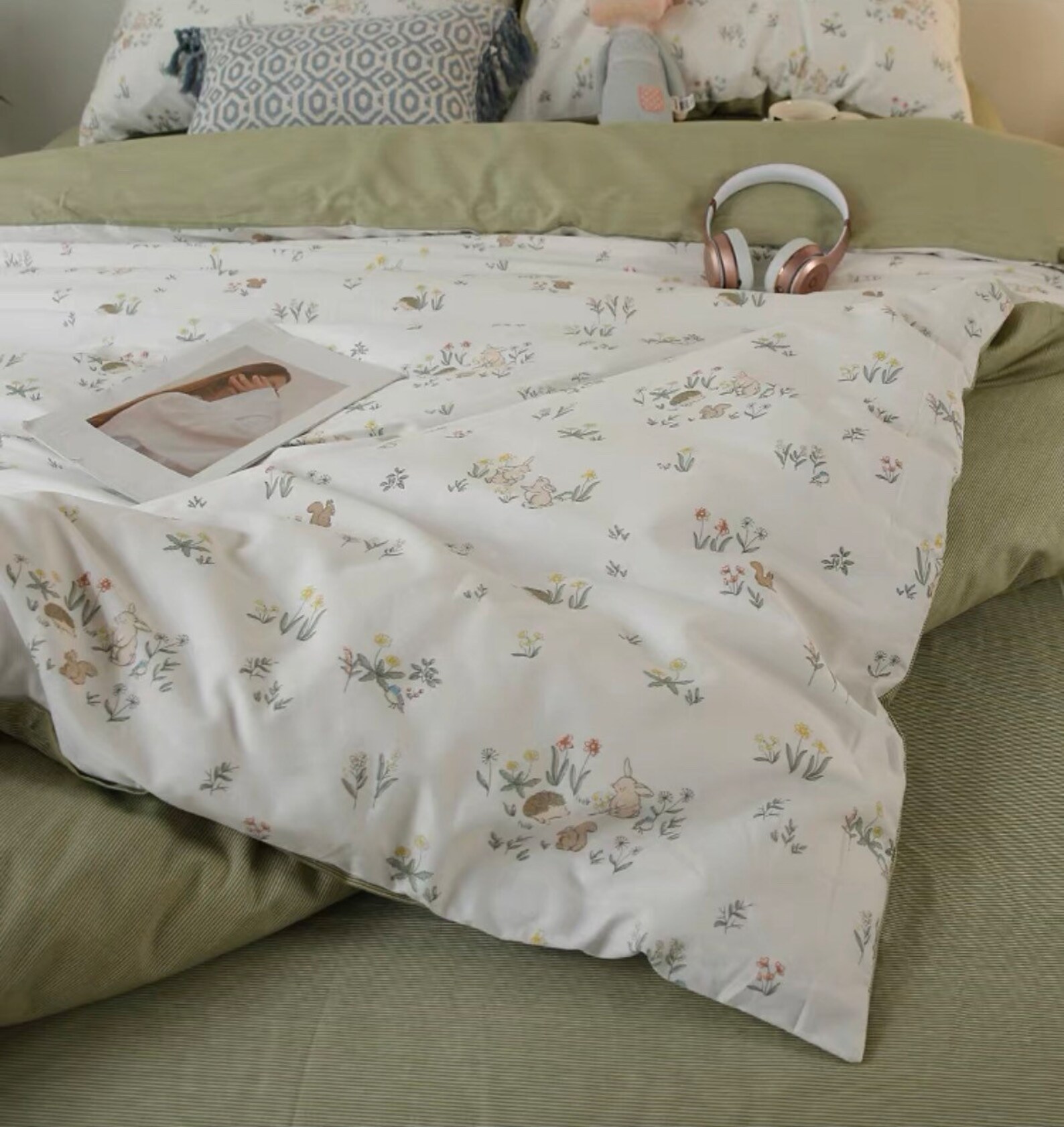 Green Cotton Duvet Cover Set Fresh Floral Bedding Set Dorm Etsy