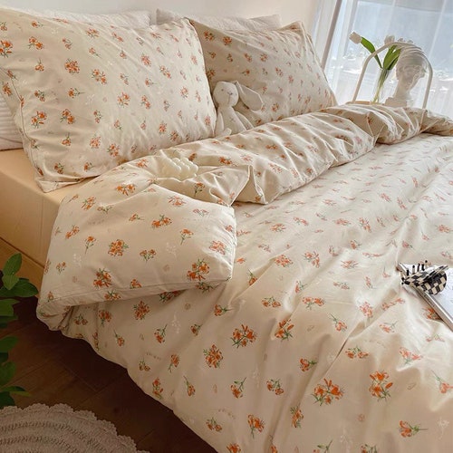 Orange Floral Duvet Cover Set Fresh Floral Bedding Set Cute Etsy