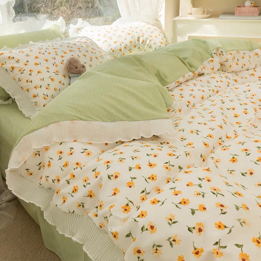 Green Ruffles Duvet Cover Set Yellow Flower Gentle Bedding Dorm Bedding