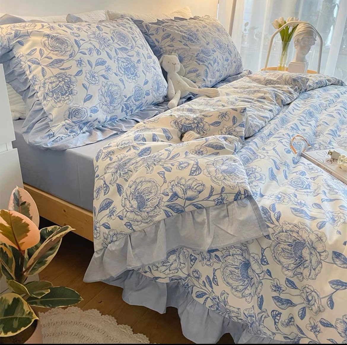 Blue Cotton Duvet Cover Set Fresh Floral Bedding Set Ruffles Etsy