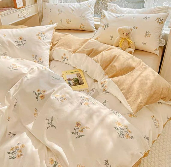 4 PC Floral White Pink Cotton Duvet Set, Cute Duvet Cover Set, Floral  Bedding, Aesthetic Bedding, Twin Full Queen King Duvet Cover, Gift 