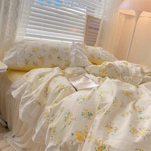 Blue Cotton Duvet Cover Set Fresh Floral Bedding Set Ruffles Etsy