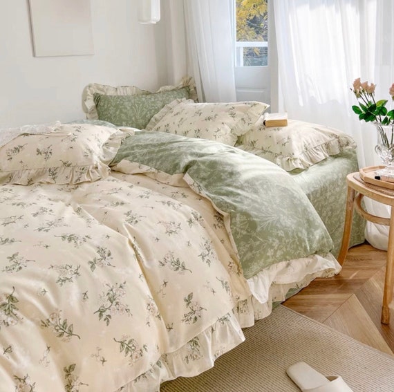 Green Duvet Cover Set, Floral Bedding Ruffle, Full Queen Bed Set, Apartment  Bedroom Aesthetic, Retro Cotton Bedding, Flower Pattern Duvet 