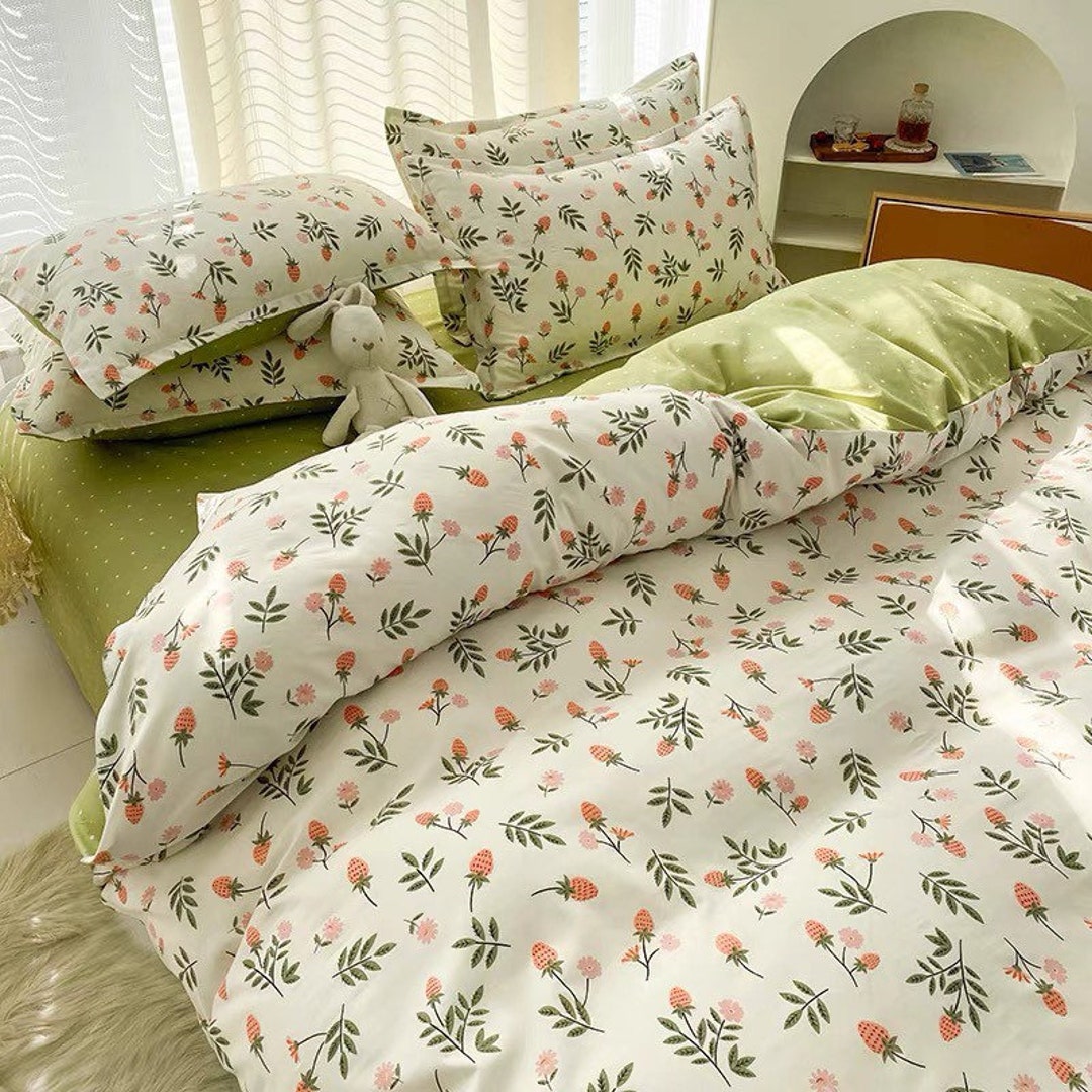 Floral Green Cotton Duvet Cover Set Fresh Floral Bedding Set Etsy