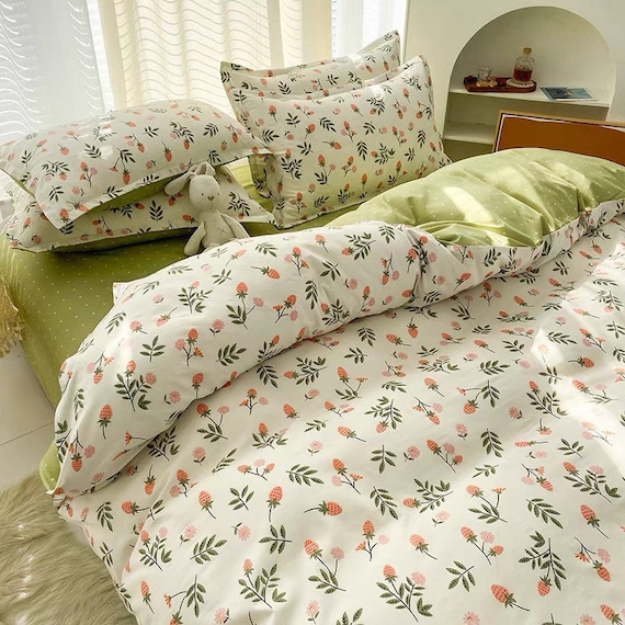 Floral Green Cotton Duvet Cover Set Fresh Floral Bedding Set Four Piece Set  Summer Cute Duvet Cover Set Duvet Cover Cute Summer Bedding 