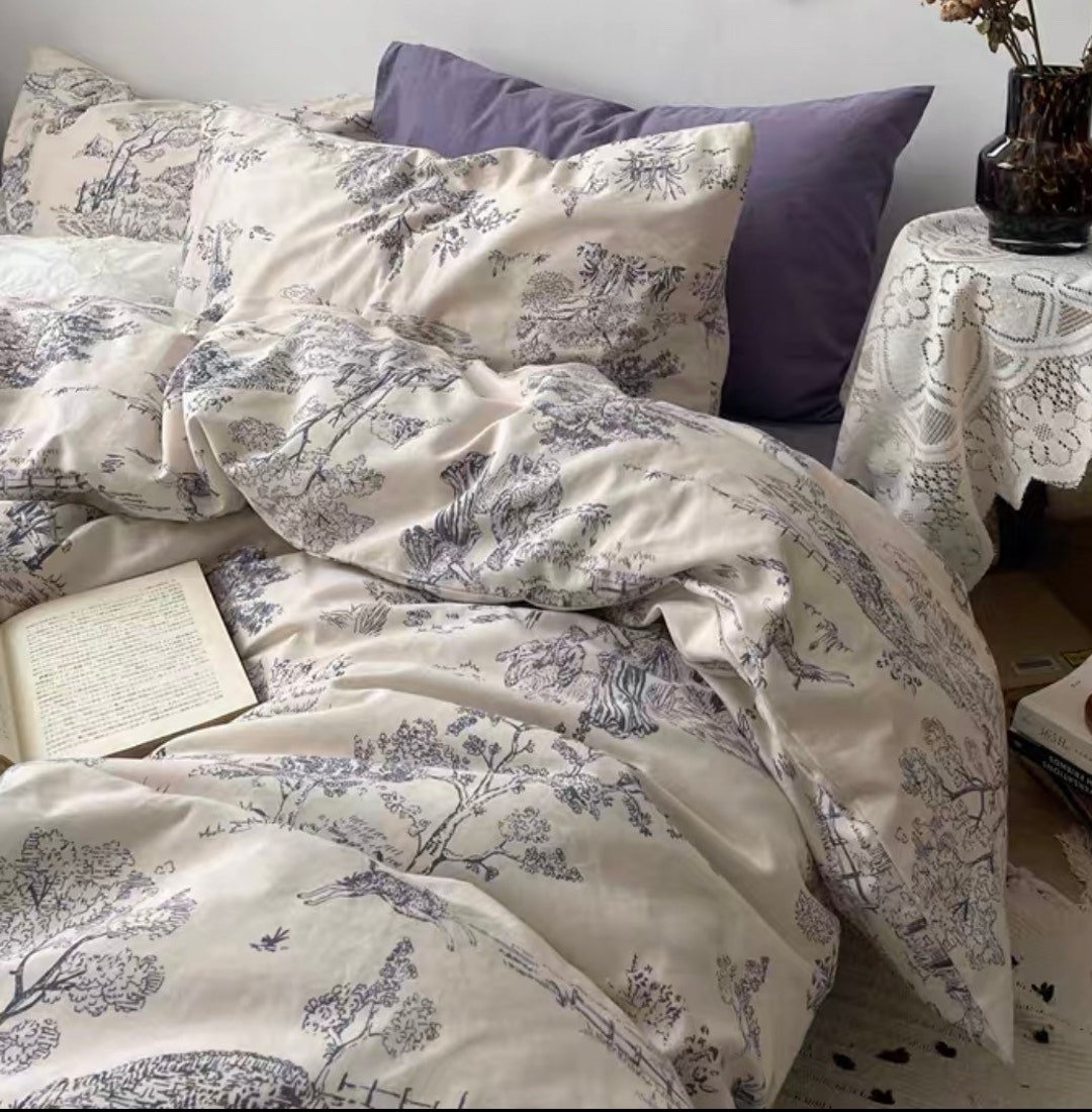 Purple Floral Cotton Duvet Cover Set Vintage Floral Bedding Etsy