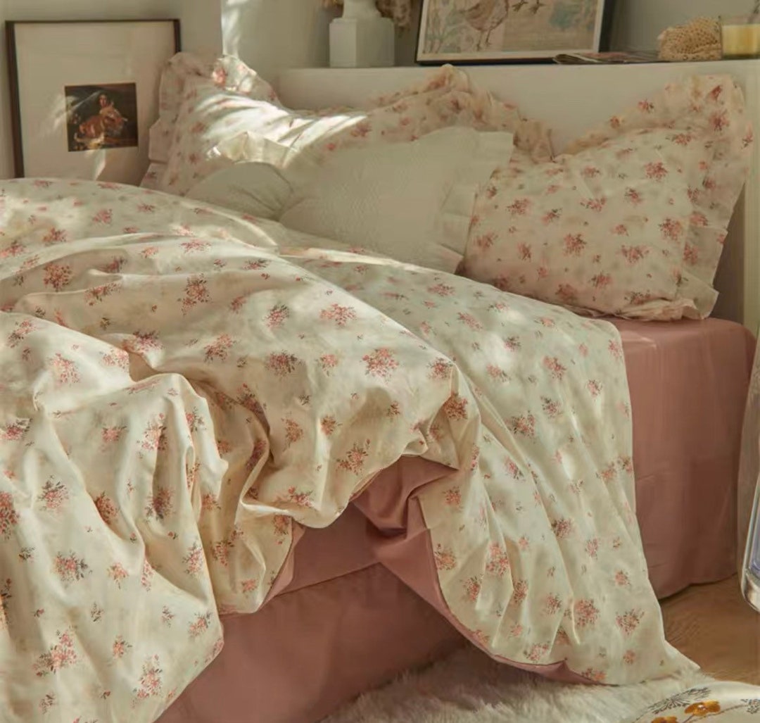French Retro Pink Floral Cotton Duvet Cover Set Cute Ruffle Bedding Cottagecore Decor Twin Full