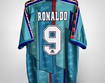 Camiseta de visitante Kappa del Barcelona Ronaldo #9, camiseta de fútbol 1995-1997 Camiseta de visitante Kappa del FC Barcelona Ronaldo #9, camisetas de fútbol para adultos y niños