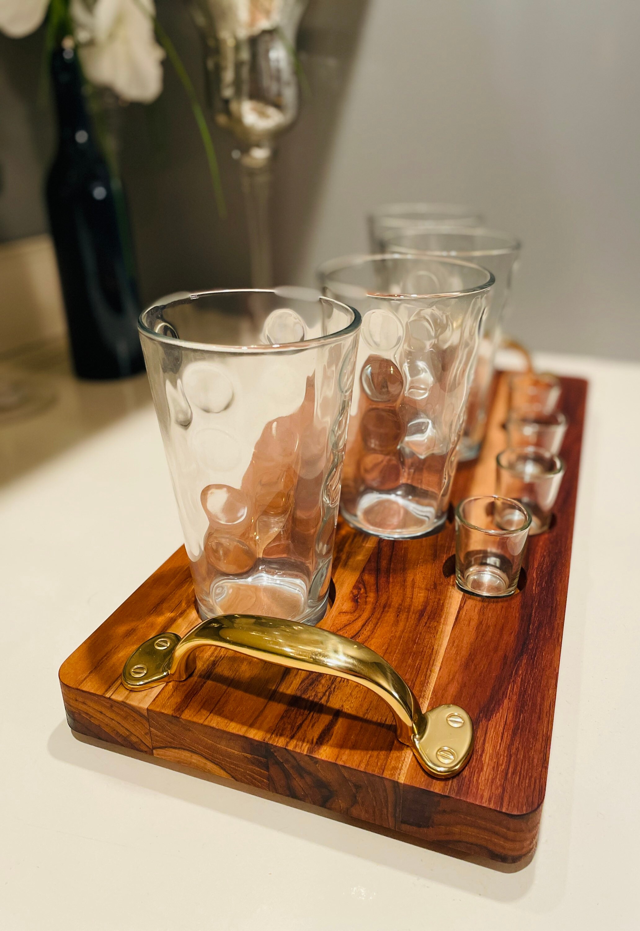 Teakwood 4 Glass Beer Flight Serving Tray With 1oz Shot Etsy