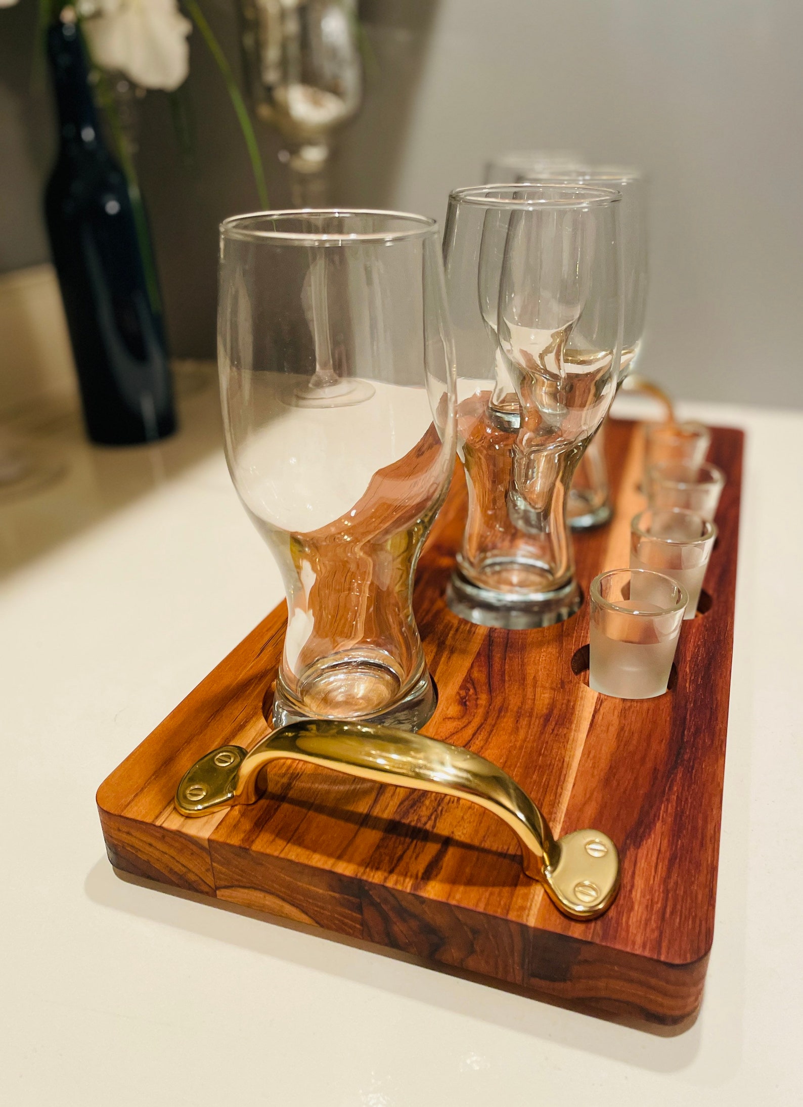 Teakwood 4 Glass Beer Flight Serving Tray With 1oz Shot Etsy
