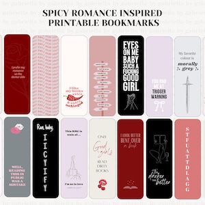 May include: A collection of printable bookmarks with various designs and text. The bookmarks feature phrases like "Eyes on me baby such a fucking good girl" and "I like my books extra unhinged." The color palette includes red, black, and pink.