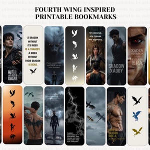 Puede incluir: Un conjunto de marcadores imprimibles con temática de fantasía. Cada marcador presenta imágenes de personajes, dragones y citas. El texto incluye frases como "Fourth Wing Inspired" y "Save a dragon ride a wingleader".