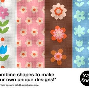 K&ouml;nnte beinhalten: Ein digitaler Download von f&uuml;nf verschiedenen Mustern mit verschiedenen Blumenformen in Rosa, Blau, Braun und Wei&szlig;. Die Muster sind vertikal angeordnet. Der Text "Combine shapes to make your own unique designs!" befindet sich am unteren Rand des Bildes. Der Text "Y2K SVG" befindet sich in einem Kreis unten rechts im Bild.
