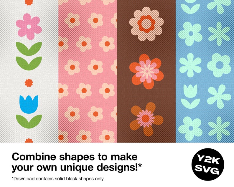 K&ouml;nnte beinhalten: Ein digitaler Download von f&uuml;nf verschiedenen Mustern mit verschiedenen Blumenformen in Rosa, Blau, Braun und Wei&szlig;. Die Muster sind vertikal angeordnet. Der Text "Combine shapes to make your own unique designs!" befindet sich am unteren Rand des Bildes. Der Text "Y2K SVG" befindet sich in einem Kreis unten rechts im Bild.