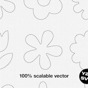 K&ouml;nnte beinhalten: Eine Schwarzwei&szlig;-Zeichnung verschiedener Blumen, darunter eine Tulpe, eine G&auml;nsebl&uuml;mchen und eine Blume mit f&uuml;nf Bl&uuml;tenbl&auml;ttern. Der Text "100% skalierbarer Vektor" und "Y2K SVG" ist ebenfalls im Bild enthalten.