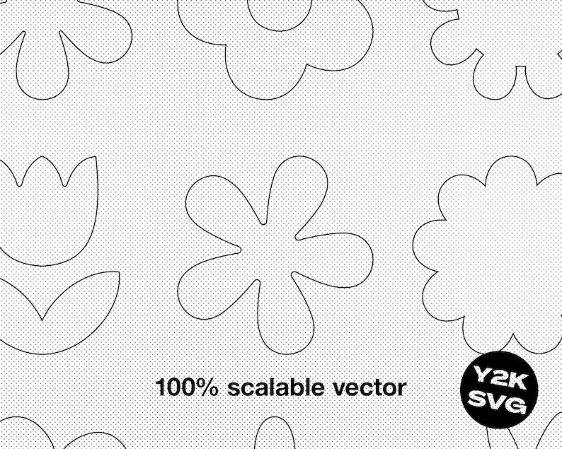 K&ouml;nnte beinhalten: Eine Schwarzwei&szlig;-Zeichnung verschiedener Blumen, darunter eine Tulpe, eine G&auml;nsebl&uuml;mchen und eine Blume mit f&uuml;nf Bl&uuml;tenbl&auml;ttern. Der Text "100% skalierbarer Vektor" und "Y2K SVG" ist ebenfalls im Bild enthalten.