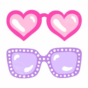 May include: Two pairs of sunglasses, one pink heart-shaped and the other purple with white dots around the frame.