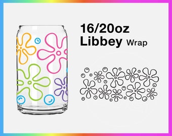 Bikini Bottom Flowers Wrap | 16oz & 20oz Libbey Can Glass | Download | SVG Files For Cricut | Retro Flower Wrap Template Cricut Silhouette
