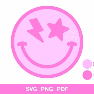 Smiley Face Star Lightning Bolt Roze | SVG PNG-ontwerpbestand Digitaal download | Cricut Silhouette | retro clipart preppy happy roze omtrek