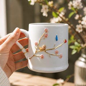 May include: White ceramic mug with a decorative floral design. The mug features a gold-colored branch with pink flowers and a small bird. A blue teardrop and red accent are also present. The handle has gold accents.
